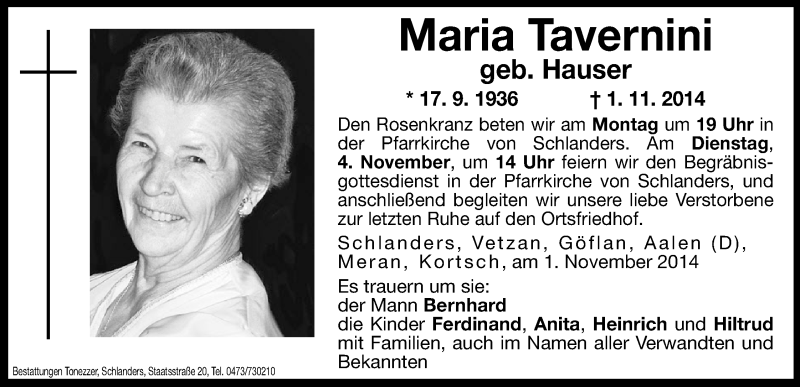  Traueranzeige für Maria Tavernini vom 03.11.2014 aus Dolomiten