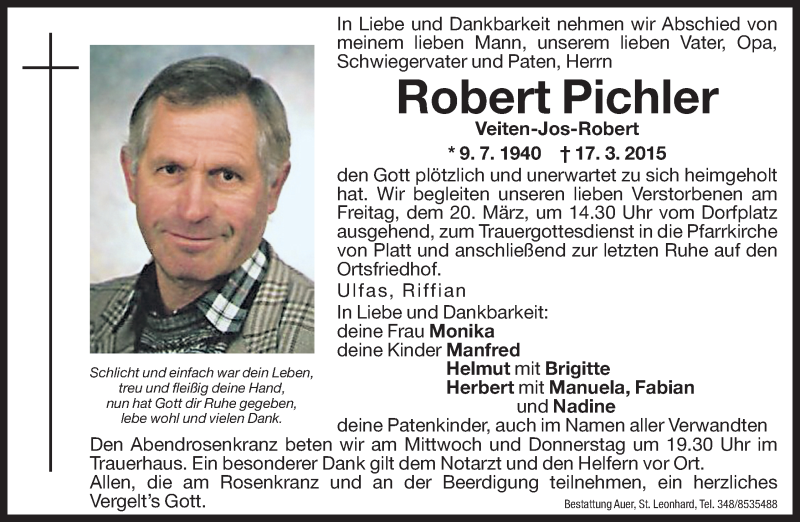  Traueranzeige für Robert Pichler vom 18.03.2015 aus Dolomiten