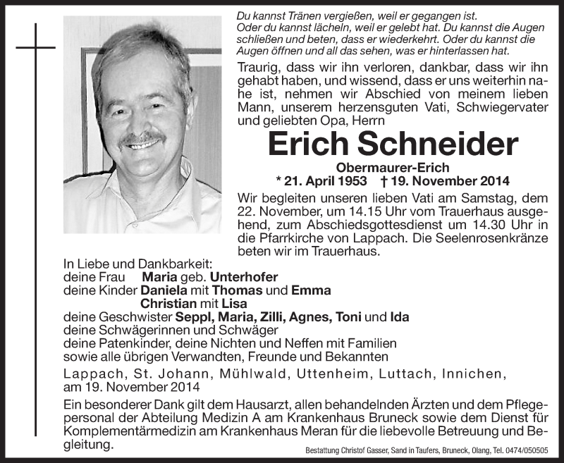  Traueranzeige für Erich Schneider vom 21.11.2014 aus Dolomiten