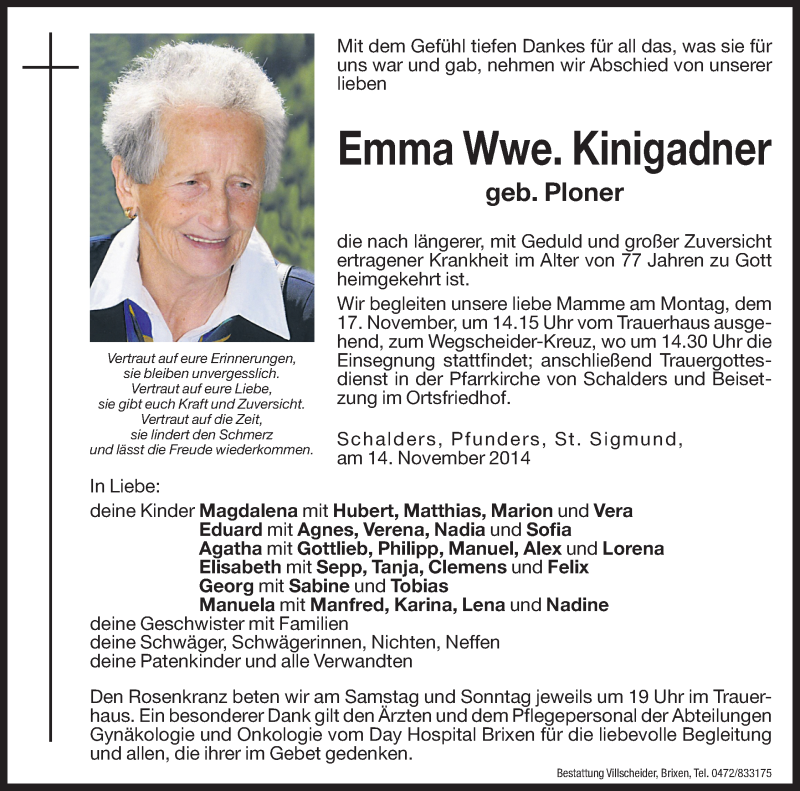  Traueranzeige für Emma Kinigadner vom 15.11.2014 aus Dolomiten