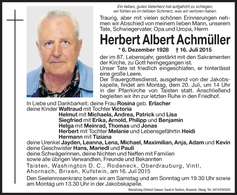  Traueranzeige für Herbert Albert Achmüller vom 18.07.2015 aus Dolomiten