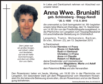 Traueranzeige von Anna Brunialti von Dolomiten