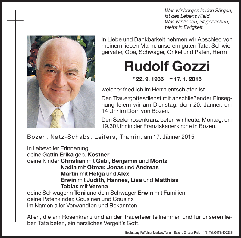  Traueranzeige für Rudolf Gozzi vom 19.01.2015 aus Dolomiten