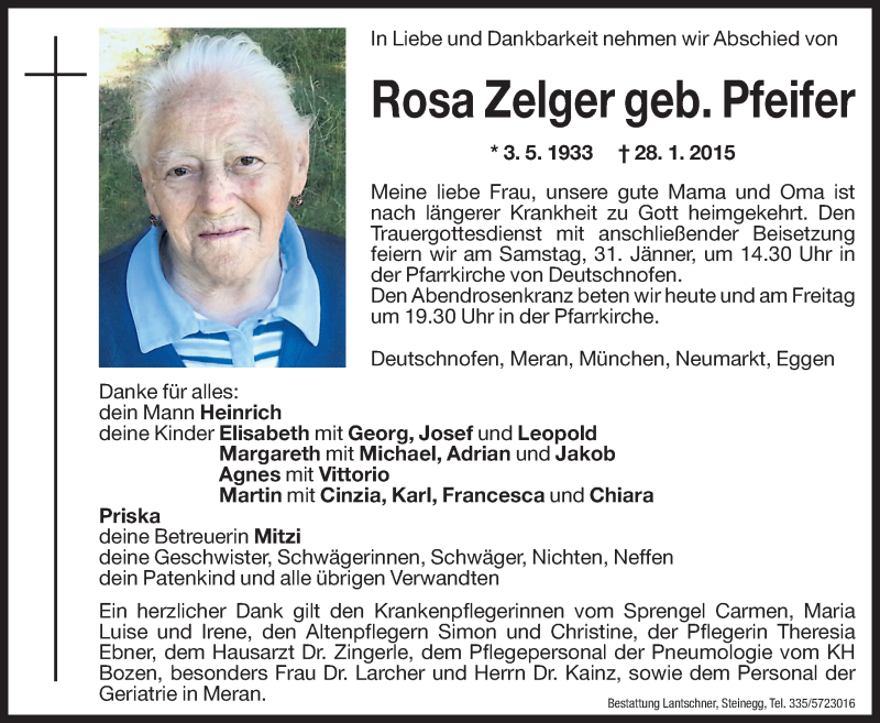  Traueranzeige für Rosa Zelger vom 29.01.2015 aus Dolomiten