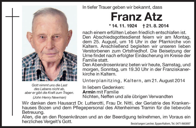  Traueranzeige für Franz Atz vom 23.08.2014 aus Dolomiten