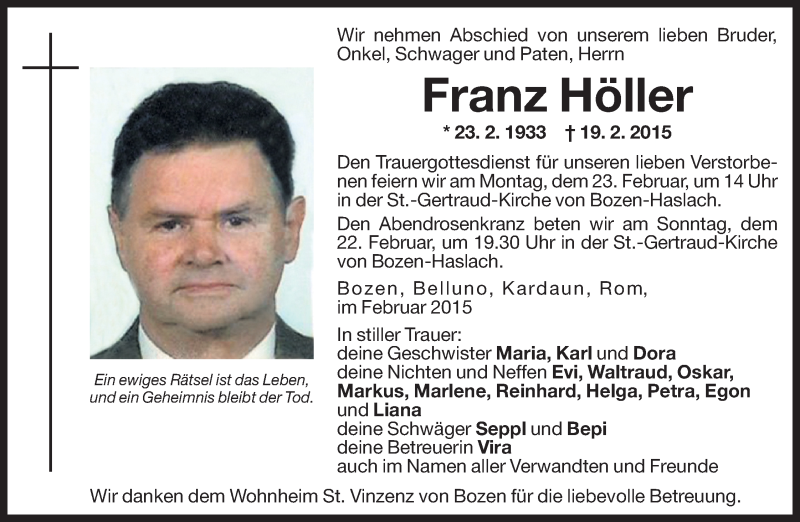  Traueranzeige für Franz Höller vom 20.02.2015 aus Dolomiten