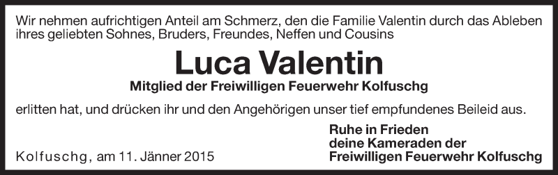  Traueranzeige für Luca Valentin vom 13.01.2015 aus Dolomiten