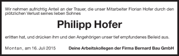 Traueranzeige von Philipp Hofer von Dolomiten