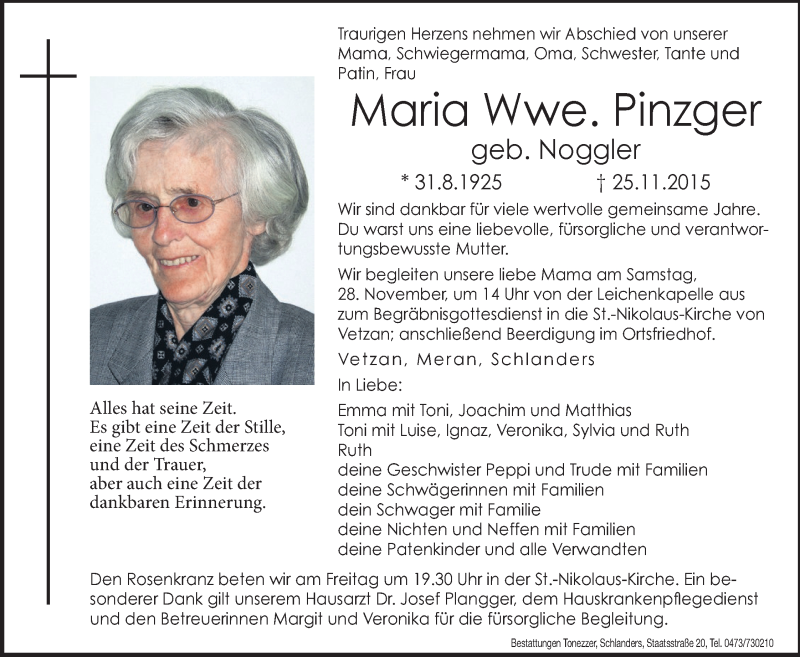  Traueranzeige für Maria Pinzger vom 27.11.2015 aus Dolomiten