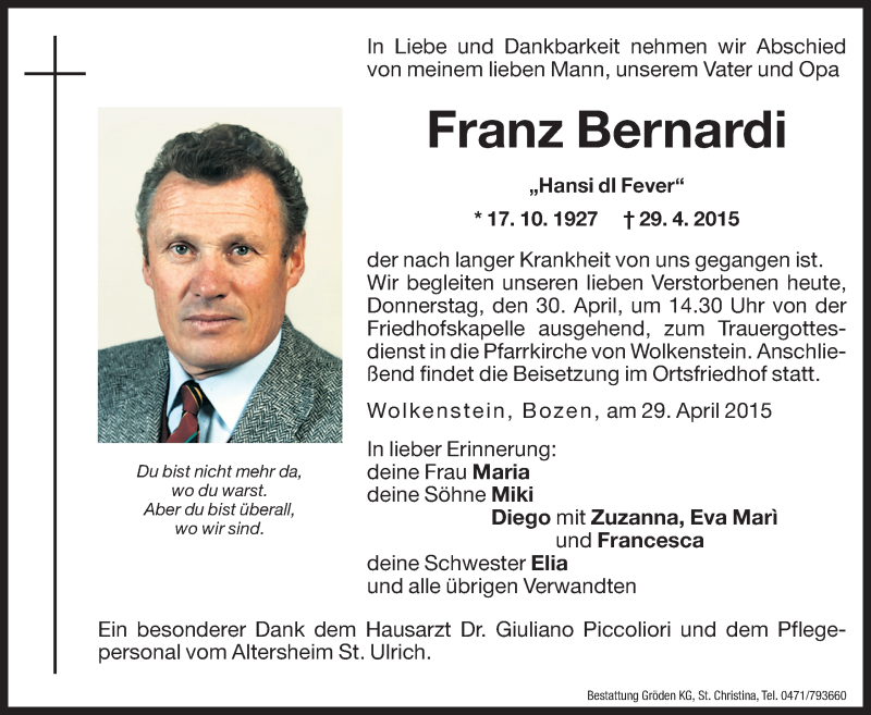 Traueranzeige für Franz Bernardi vom 30.04.2015 aus Dolomiten