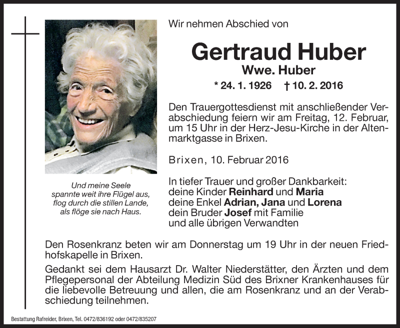  Traueranzeige für Gertraud Huber vom 11.02.2016 aus Dolomiten