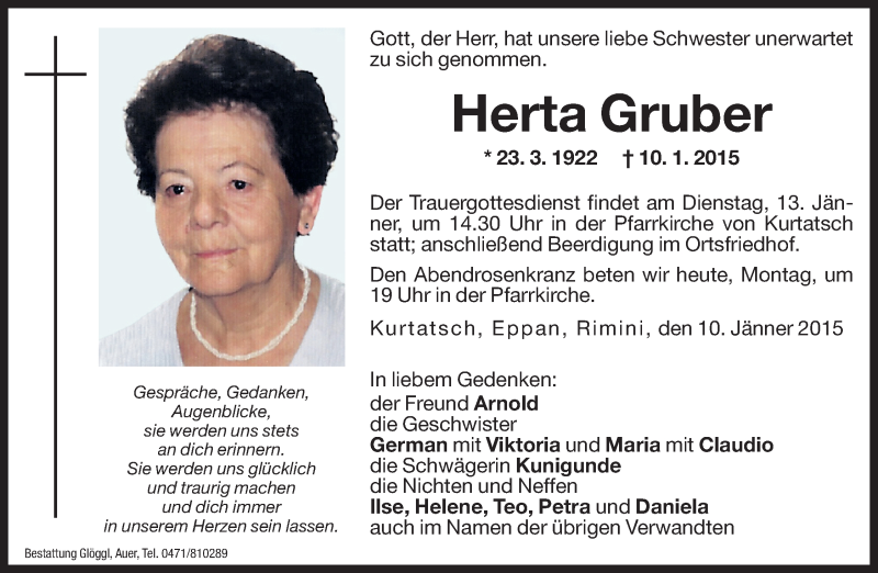  Traueranzeige für Herta Gruber vom 12.01.2015 aus Dolomiten