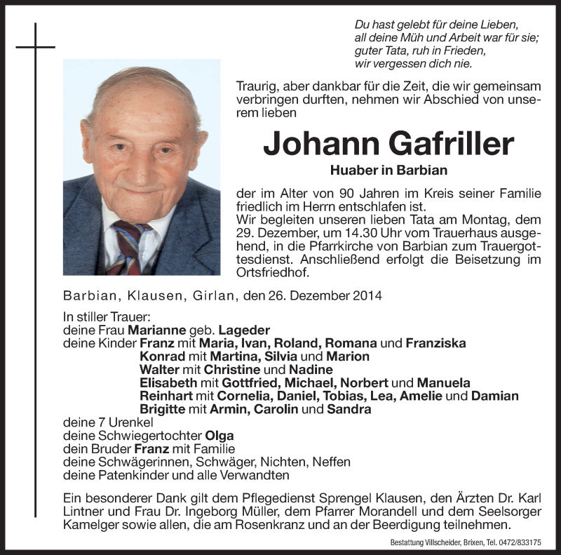  Traueranzeige für Johann Gafriller vom 29.12.2014 aus Dolomiten