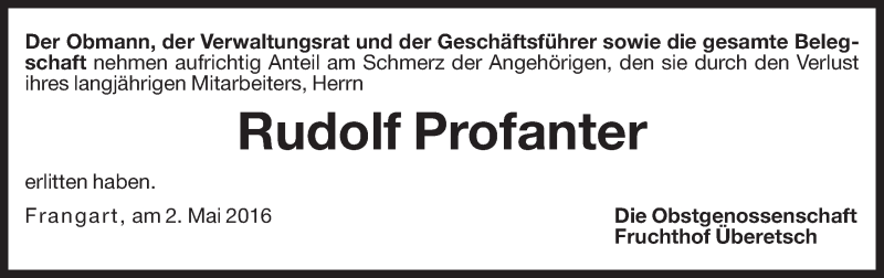  Traueranzeige für Rudolf Profanter vom 03.05.2016 aus Dolomiten