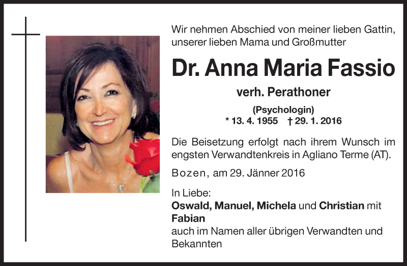  Traueranzeige für Anna Maria Perathoner vom 02.02.2016 aus Dolomiten