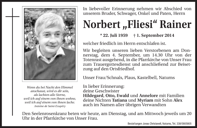  Traueranzeige für Norbert Rainer vom 02.09.2014 aus Dolomiten