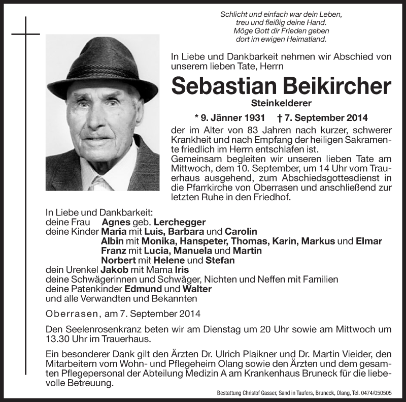  Traueranzeige für Sebastian Beikircher vom 09.09.2014 aus Dolomiten