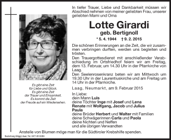 Traueranzeige von Lotte Girardi von Dolomiten