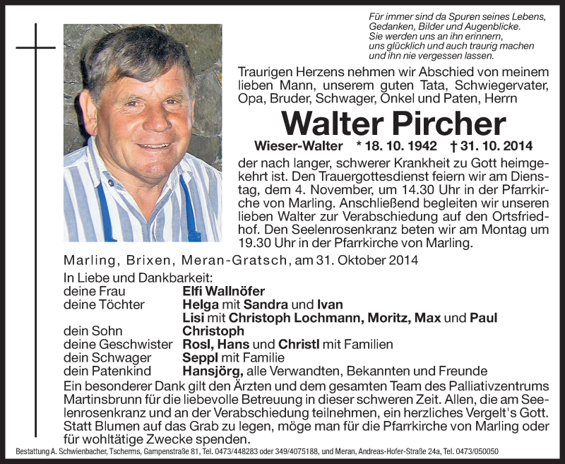  Traueranzeige für Walter Pircher vom 03.11.2014 aus Dolomiten