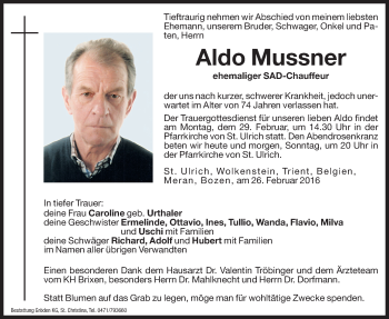 Traueranzeige von Aldo Mussner von Dolomiten