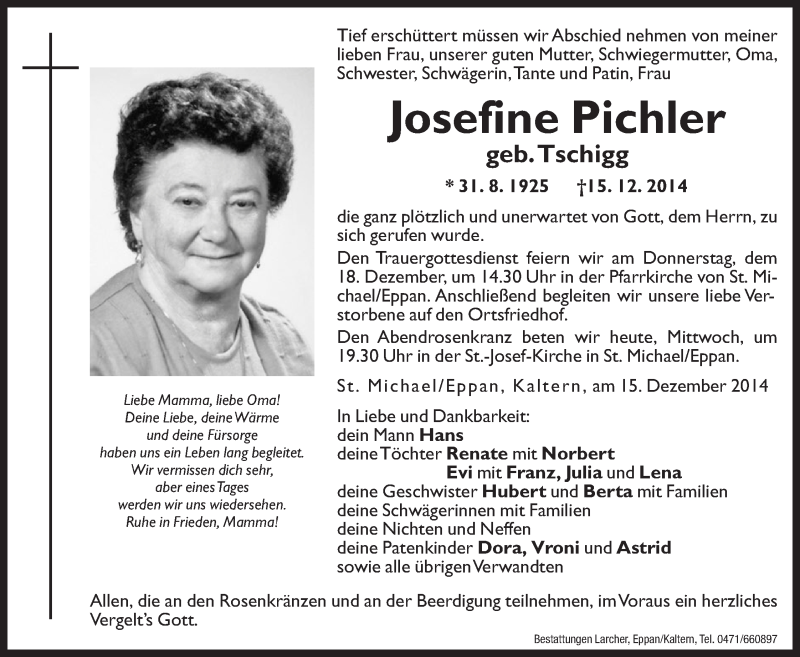  Traueranzeige für Josefine Pichler vom 17.12.2014 aus Dolomiten