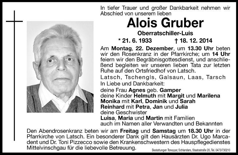  Traueranzeige für Alois Gruber vom 19.12.2014 aus Dolomiten