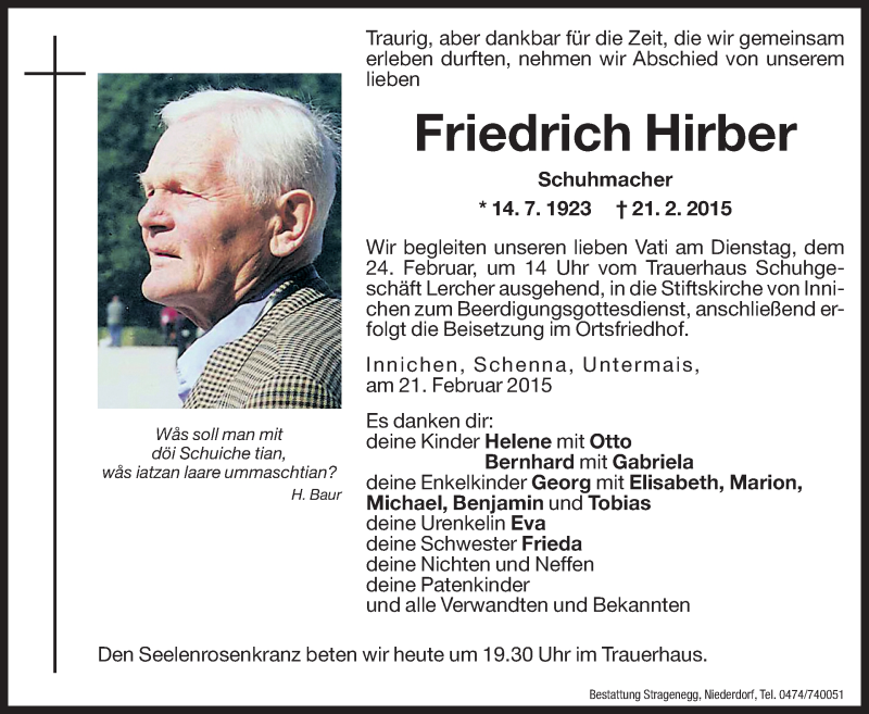  Traueranzeige für Friedrich Hirber vom 23.02.2015 aus Dolomiten