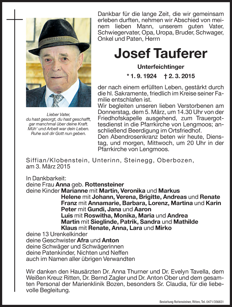  Traueranzeige für Josef Tauferer vom 03.03.2015 aus Dolomiten