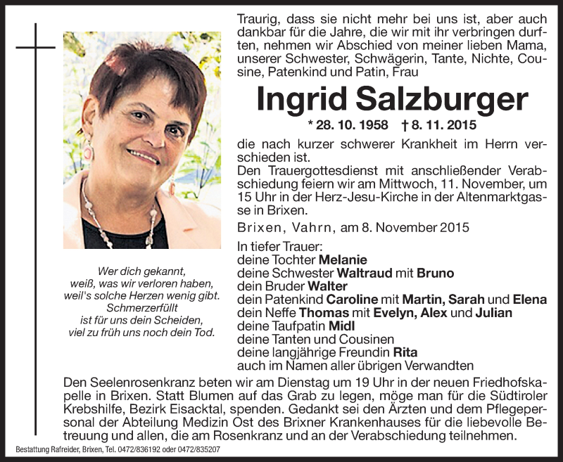  Traueranzeige für Ingrid Salzburger vom 10.11.2015 aus Dolomiten