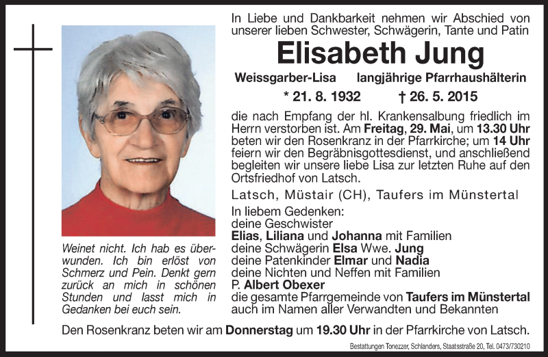 Traueranzeigen Von Elisabeth Jung | Trauer.bz