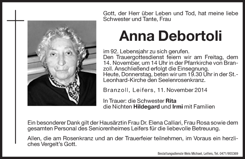  Traueranzeige für Anna Debortoli vom 13.11.2014 aus Dolomiten