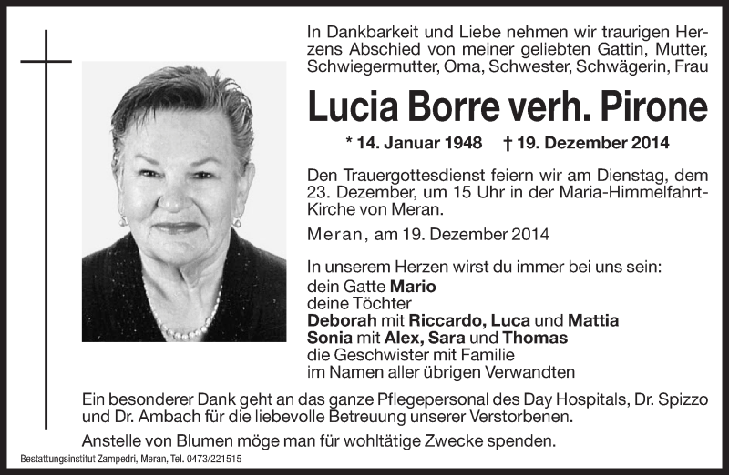  Traueranzeige für Lucia Pirone vom 22.12.2014 aus Dolomiten