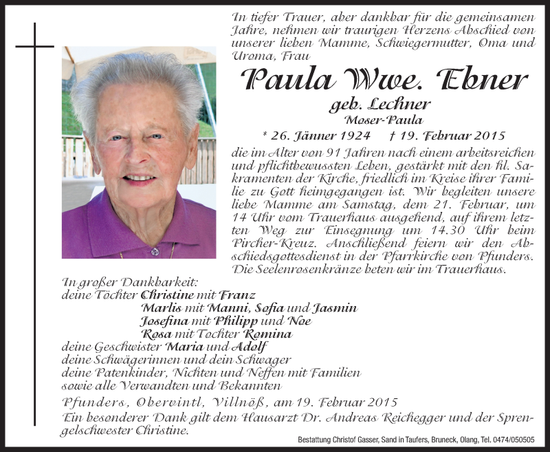 Traueranzeige für Paula Ebner vom 20.02.2015 aus Dolomiten