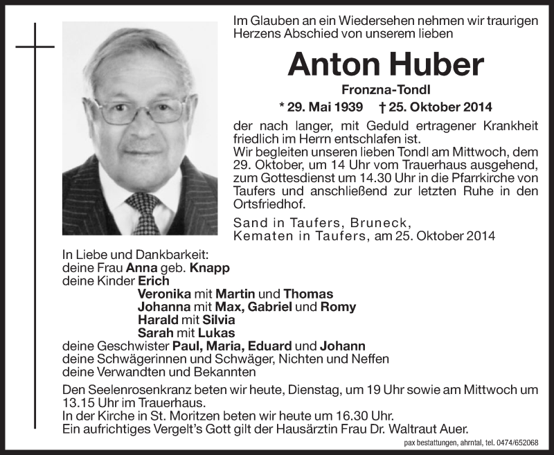  Traueranzeige für Anton Huber vom 28.10.2014 aus Dolomiten