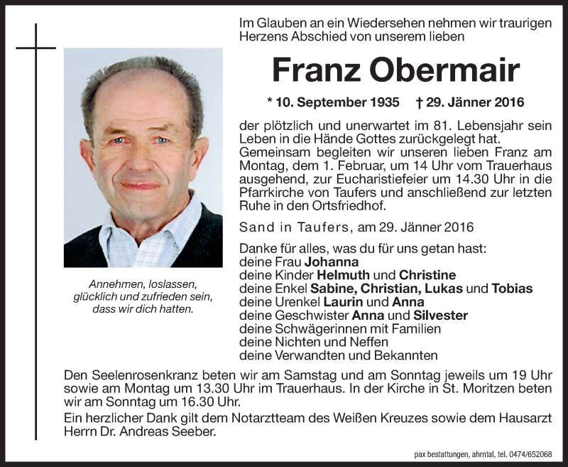  Traueranzeige für Franz Obermair vom 30.01.2016 aus Dolomiten