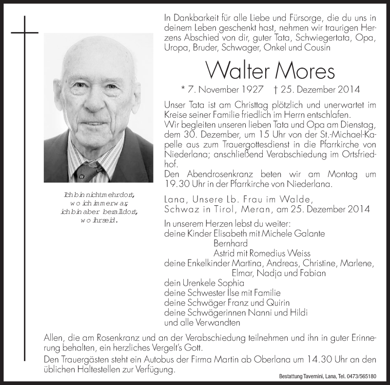  Traueranzeige für Walter Mores vom 27.12.2014 aus Dolomiten