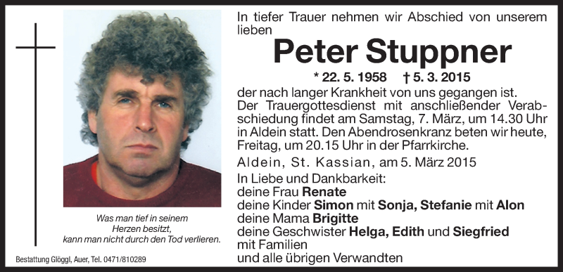  Traueranzeige für Peter Stuppner vom 06.03.2015 aus Dolomiten