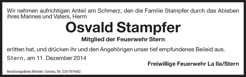  Traueranzeige für Osvald Stampfer vom 15.12.2014 aus Dolomiten