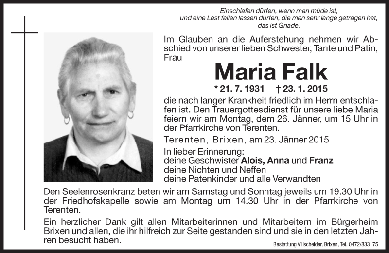  Traueranzeige für Maria Falk vom 24.01.2015 aus Dolomiten