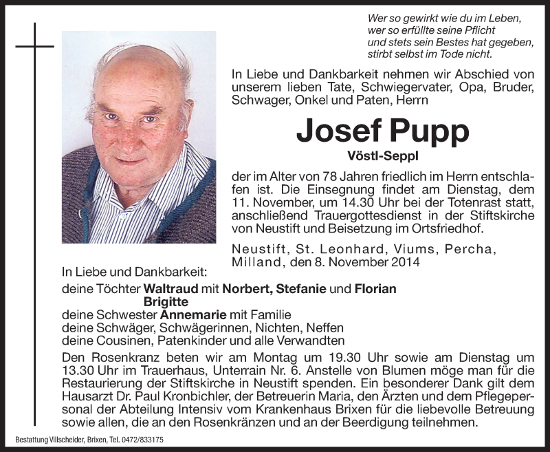  Traueranzeige für Josef Pupp vom 10.11.2014 aus Dolomiten