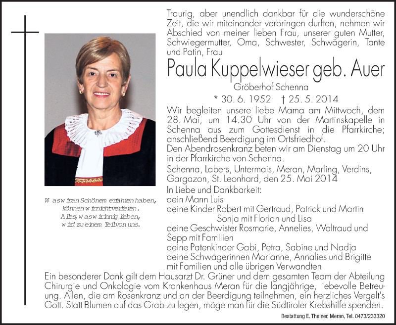  Traueranzeige für Paula Kuppelwieser vom 27.05.2014 aus Dolomiten