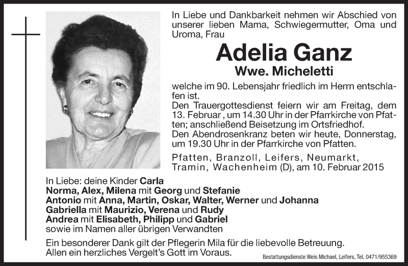  Traueranzeige für Adelia Micheletti vom 12.02.2015 aus Dolomiten