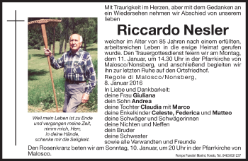 Traueranzeige von Riccardo Nesler von Dolomiten