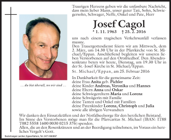 Traueranzeige von Josef Cagol von Dolomiten