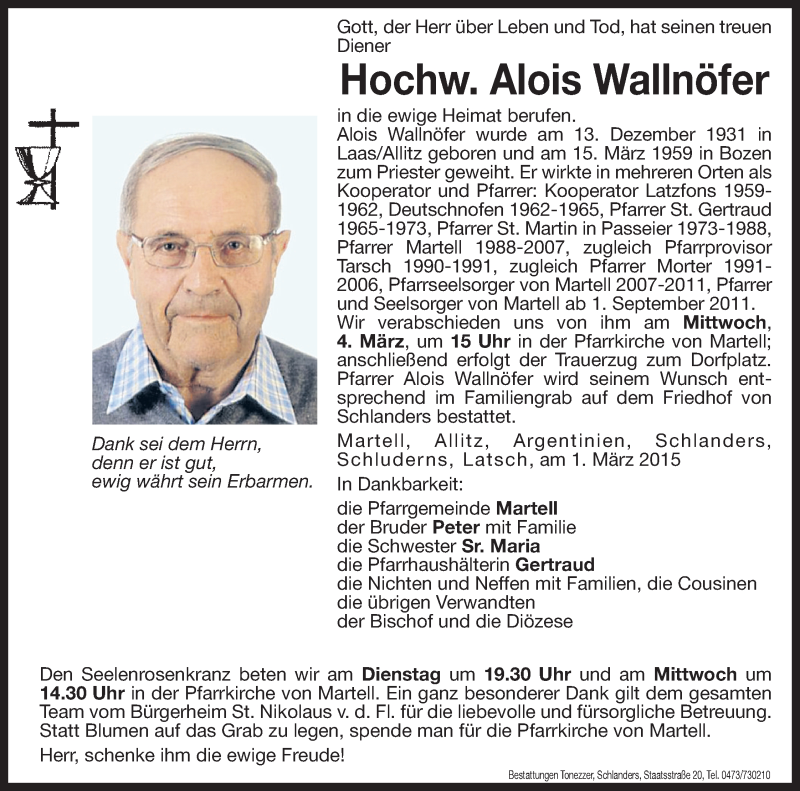  Traueranzeige für Alois Wallnöfer vom 03.03.2015 aus Dolomiten