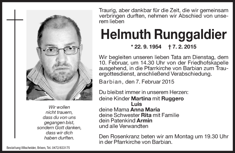  Traueranzeige für Helmuth Runggaldier vom 09.02.2015 aus Dolomiten