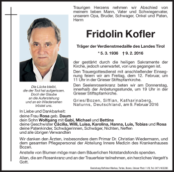Traueranzeige von Fridolin Kofler von Dolomiten