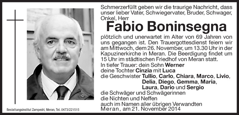  Traueranzeige für Fabio Boninsegna vom 25.11.2014 aus Dolomiten