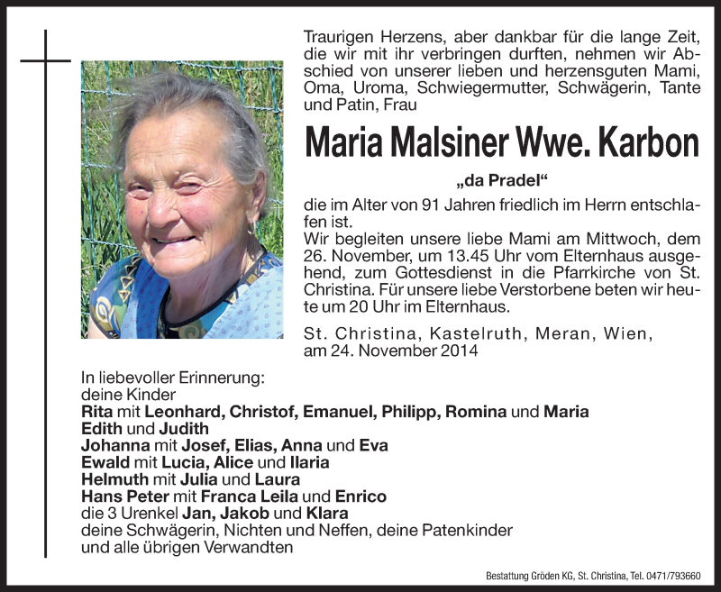  Traueranzeige für Maria Karbon vom 25.11.2014 aus Dolomiten