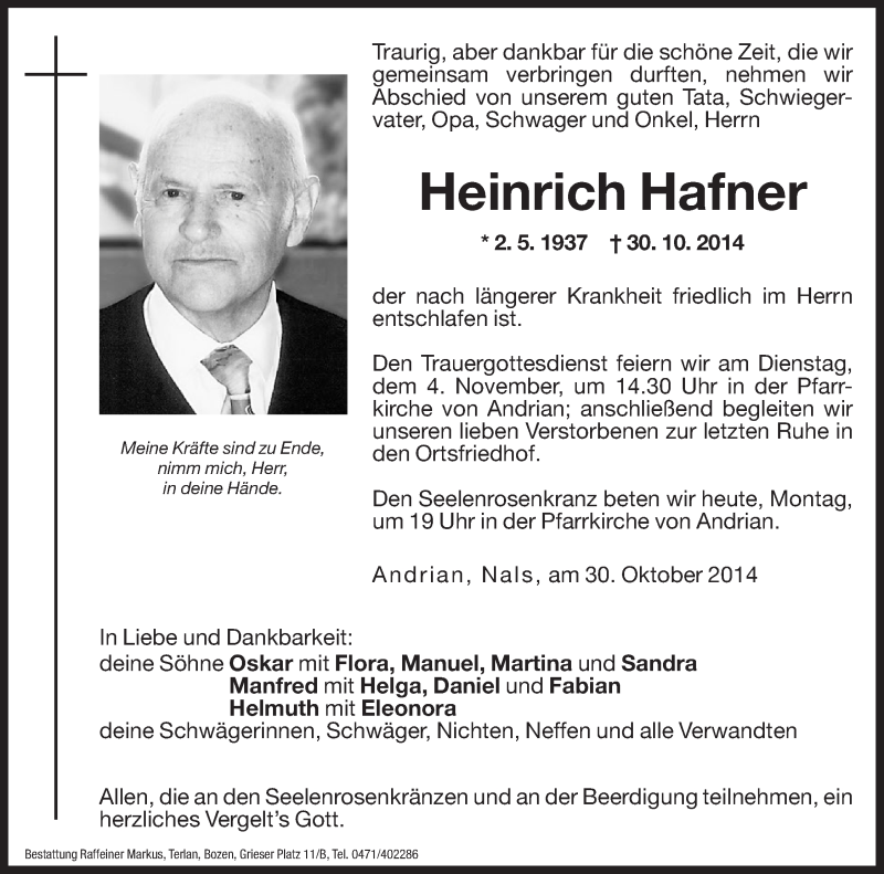  Traueranzeige für Heinrich Hafner vom 03.11.2014 aus Dolomiten